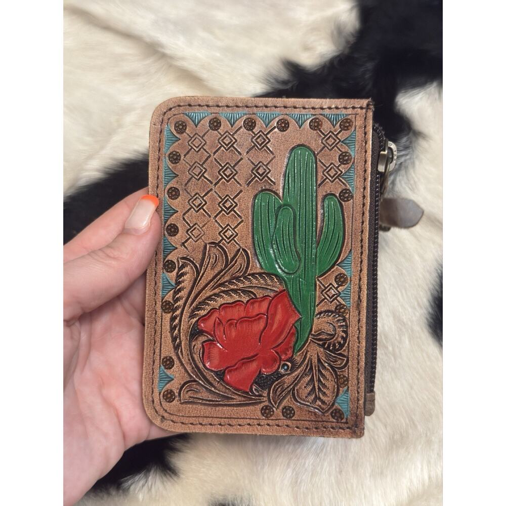 Southwestern Hand Tooled Painted Hide Leather Coin Pill Purse Blooming Cactus